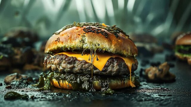 A spoiled hamburger with mold and decay, The burger is visibly old with greenish mold growing on the bun and cheese, Food freshness and the dangers of consuming expired or contaminated food products	