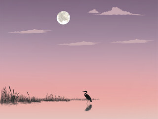 Obraz premium Silhouettes of heron on the lake