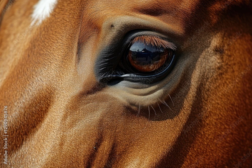Poster a close-up shot of a brown horse's eye with distinctive features visible
