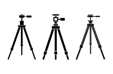 A simple, minimalist black and white icon of a tripod drawn in a flat on a transparent background