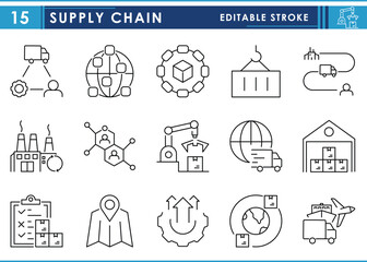 A set of line icons related to Supply Chain. Supply, delivery, worldwide, sea, air, land, location, transfer, cargo, factory, production, and so on. Vector editable stroke.