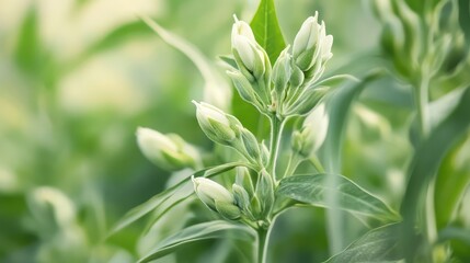 Fototapeta premium Close-up of sesame seeds developing in green pods on the plant, simple natural farming space for text.