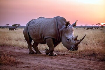 Fototapeta premium Rhinoceros in the Savannah at Dusk