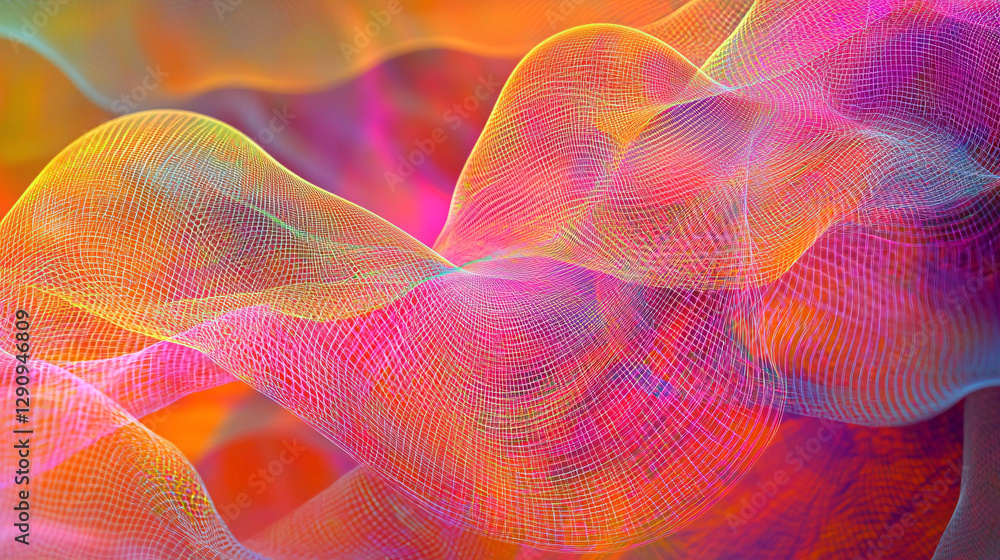Poster a vibrant, abstract wave pattern featuring colorful gradients of pink, orange, and blue, creating a 