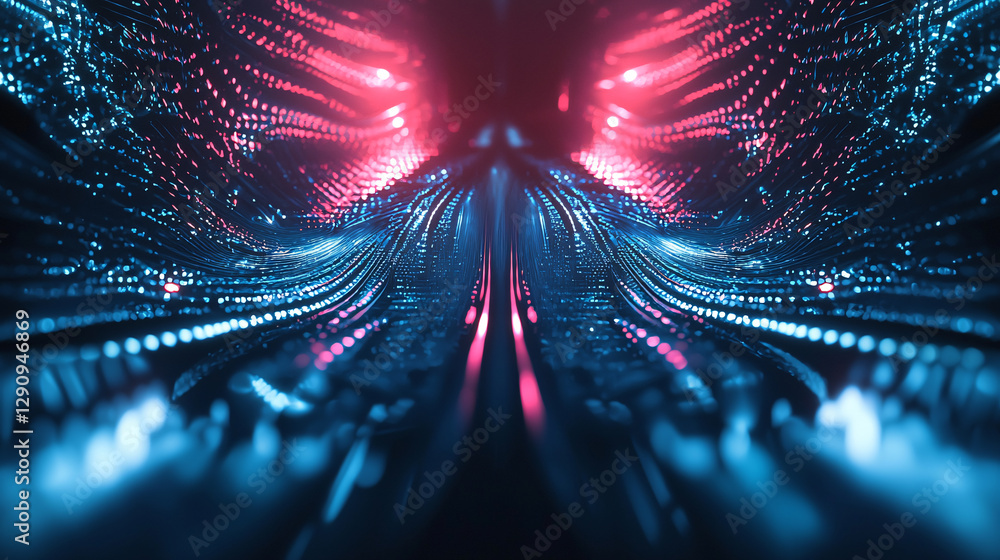 Poster a vibrant, abstract visualization featuring flowing lines of blue and pink light, creating a dynamic