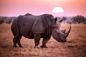 Fototapeta na wymiar Rhinoceros in the Savannah at Dusk - 02