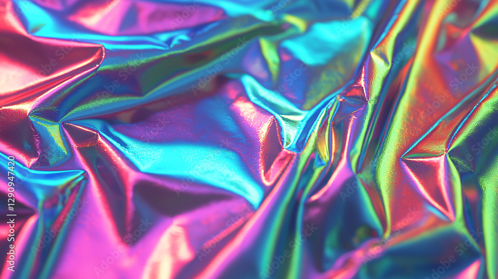 Poster a vibrant, reflective surface of crumpled foil displaying a spectrum of colors, creating an eye-catc
