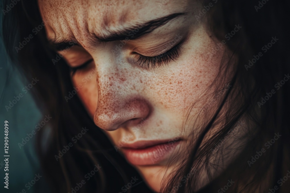 Aufkleber a close-up portrait of a woman with distinctive freckles on her face, suitable for use in personal o