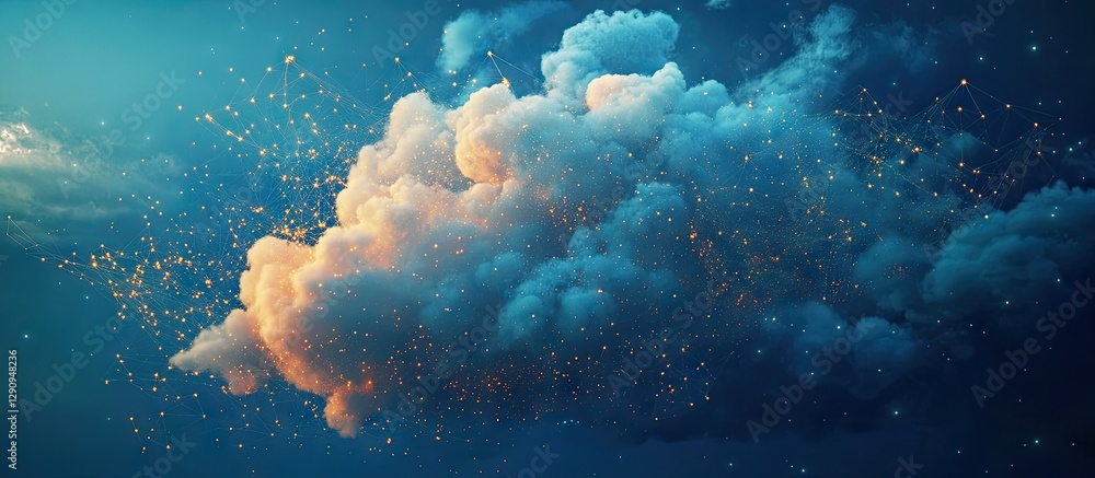 Poster dynamic cloud formation with soft orange and blue hues, illuminated from below, surrounded by floati