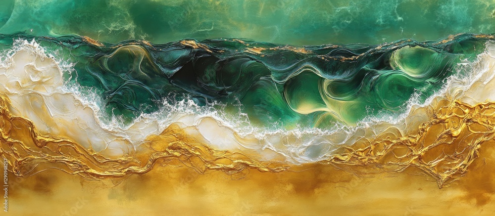 Poster emerald waves undulate over golden sand creating vibrant contrast in an abstract coastal landscape w