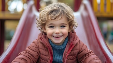 Delighted Child Sliding with Boundless Joy on Playground Equipment