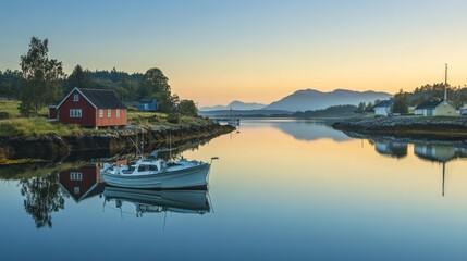 Obraz premium Calm morning at a serene coastal village with a small boat on still water, reflecting houses and mountains in the sunrise.