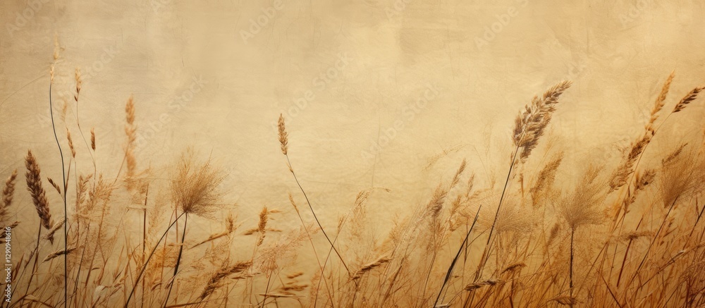 Poster dry golden grass swaying in a soft brown background with subtle textures, capturing a serene, tranqu
