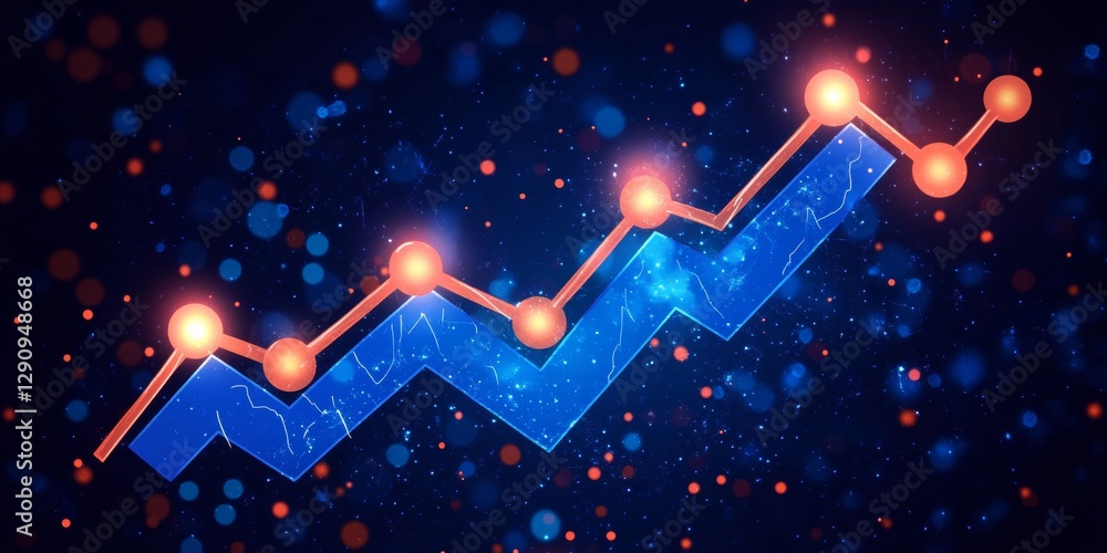 Poster abstract financial chart with sharp blue upward line and orange nodes on dark background
