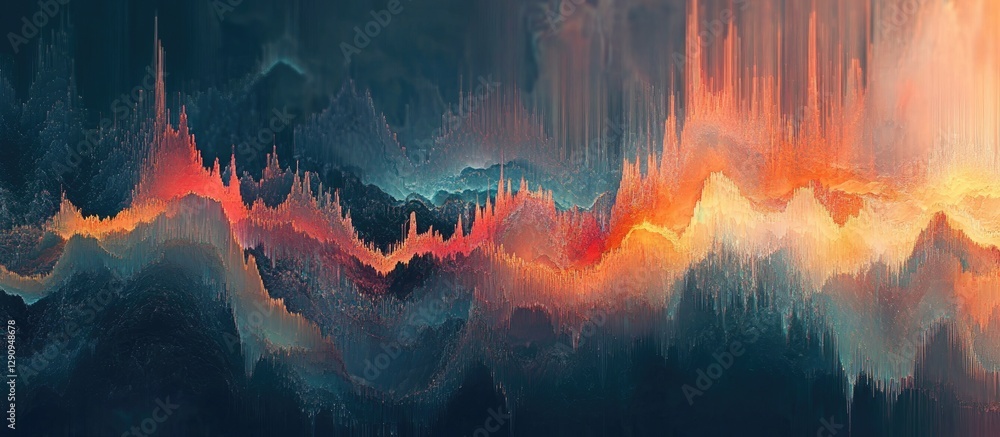 Poster abstract landscape featuring vibrant hues of orange, red, and blue with layered waveforms creating a