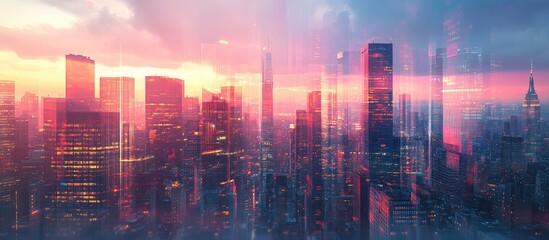 Fototapeta premium Cityscape at sunset featuring skyscrapers with pink and blue hues, overlayed with a transparent forex chart, illustrating financial research themes.