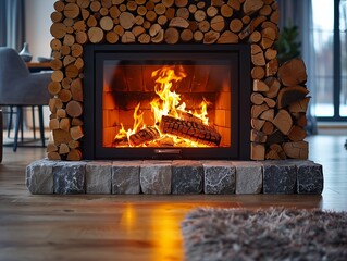 Close-up of burning wood in fireplace, flames coming out from bottom and top of log into brick fire proof room. cold winter night.