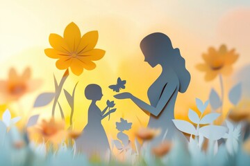 A mother and young child surrounded by blooming flowers, an idyllic scene