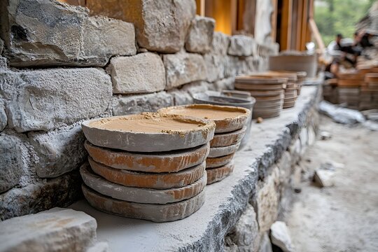 Detailed shot of a sturdy durable brick wall under construction with bricks and mortar neatly stacked and ready to use