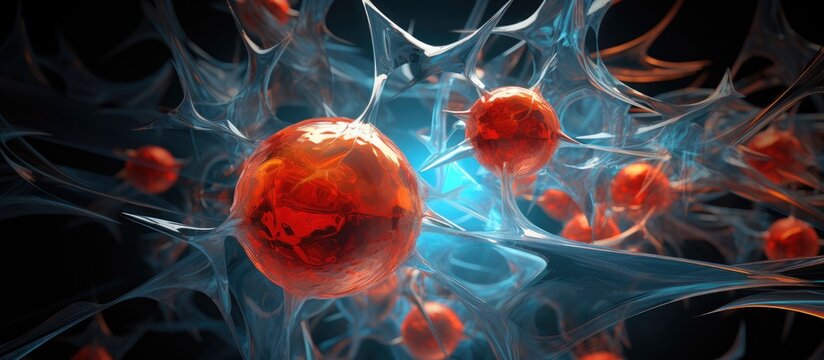Vibrant HEK 293 cell culture illuminated in blue and red colors featuring intricate cellular structures against a dark background for scientific research.