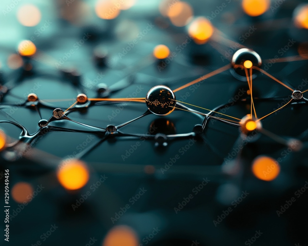 Aufkleber Abstract Close-Up of Connected Nodes and Illuminated Spheres in a Dark Setting