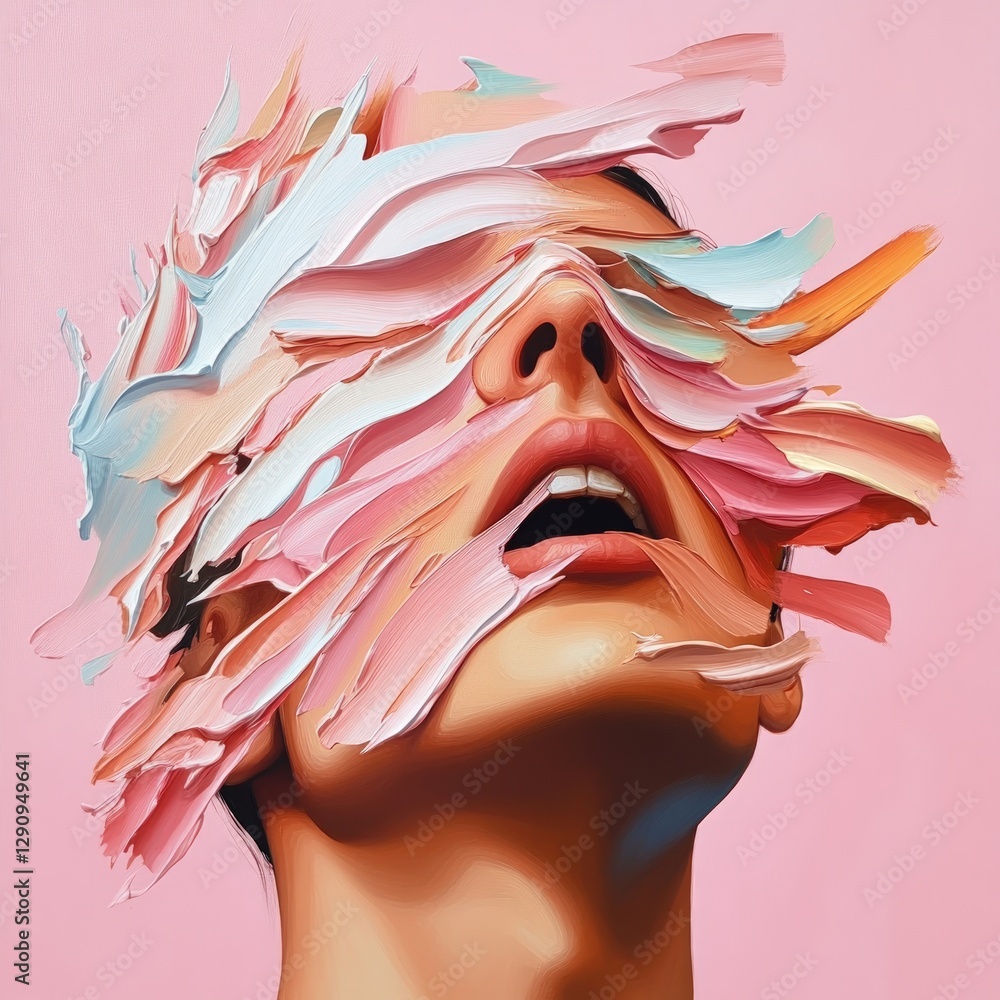 Poster surreal portrait with layers of colorful paint on human face against pink background