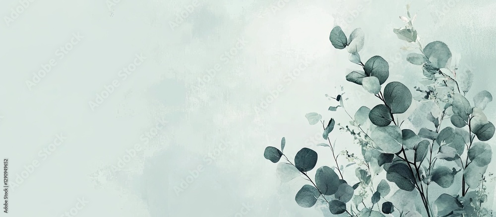 Poster delicate green eucalyptus leaves positioned on the right side against a soft mint-colored background