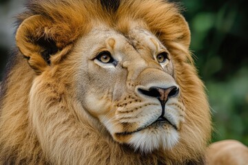 A close-up shot of a lion's face with trees in the background