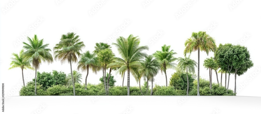 Poster tropical trees group isolated on white background with varying shades of green in a layered arrangem