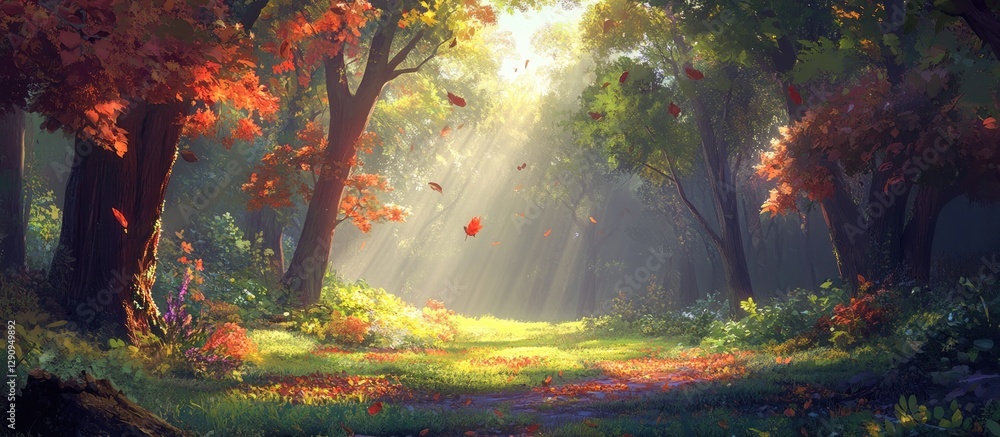 Poster lush green forest path illuminated by golden sunlight filtering through trees with vibrant autumn le