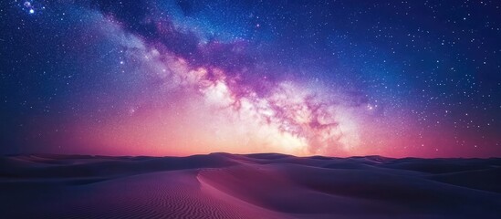 Fototapeta premium Vibrant Milky Way Galaxy arches over sandy dunes under a twilight sky with hues of pink and purple in Abu Dhabi Desert UAE.
