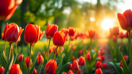 Fototapeta premium Enchanting field of red tulips glowing in warm golden light of sunset. Tranquil spring nature, closeup artistic sunlight rays colorful lush foliage flowers meadow. Peaceful calm natural landscape