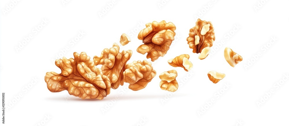 Poster Peeled walnut kernels in various positions on white background emphasizing their texture and color showcasing a healthy snack choice.