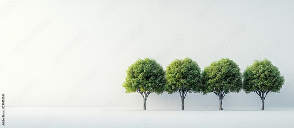 Poster green trees lined up on white background with soft shadows, showcasing a tranquil scene emphasizing 
