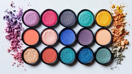 Palette of vibrant eyeshadows in various colors, modern beauty flat lay 