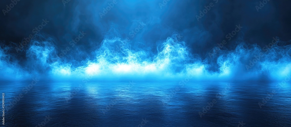 Poster abstract blue stage background with atmospheric lights and fog creating a mysterious ambiance, featu