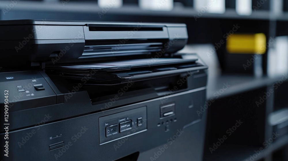 Poster a desktop printer situated on top of a shelf