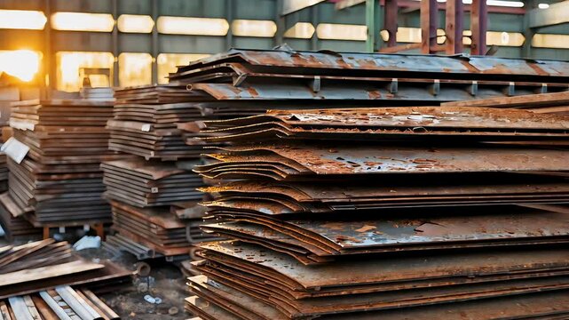 Industrial scrapyard with stacked rusty metal sheets and discarded steel
