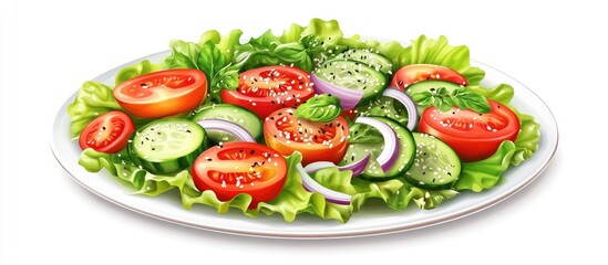 Vibrant salad featuring fresh tomatoes cucumbers red onions and spinach arranged on a white plate with green lettuce ideal for healthy eating.