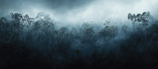 Naklejka premium Mysterious rainforest jungle landscape with dark green trees shrouded in mist under a moody gray sky creating an atmospheric wilderness scene