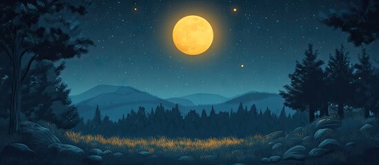 Fototapeta premium Luminous full moon illuminating a dark night sky above silhouettes of pine trees and distant mountains with twinkling stars in a serene landscape.