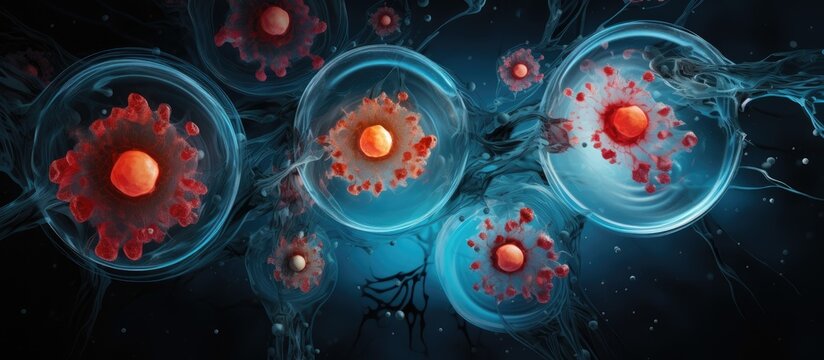 Vibrant HEK 293 cell culture illuminated with phase microscope showcasing bright red nuclei within translucent cells against a deep blue background