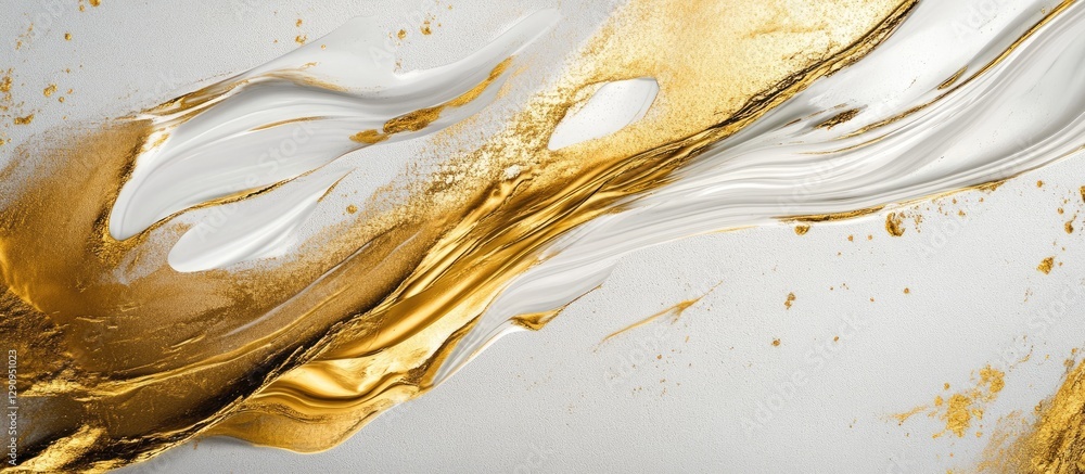 Poster golden abstract fluid art with glossy gold and white swirls creating a dynamic composition showcasin