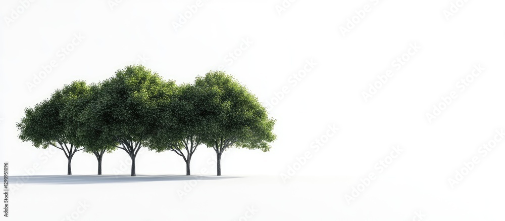 Poster row of five lush green trees arranged in a line on a bright white background showcasing the freshnes