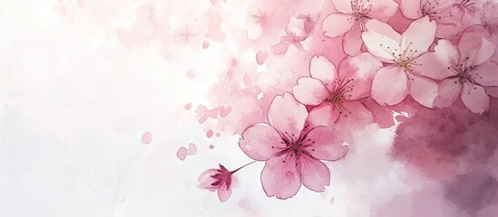 Soft pink cherry blossom flowers delicately arranged on a white background with watercolor splashes for elegant design and creative projects