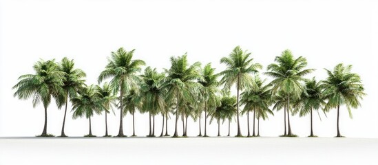 Obraz premium Tropical palm trees isolated on white background, lush green foliage arranged in a horizontal line, creating a serene architectural design element.