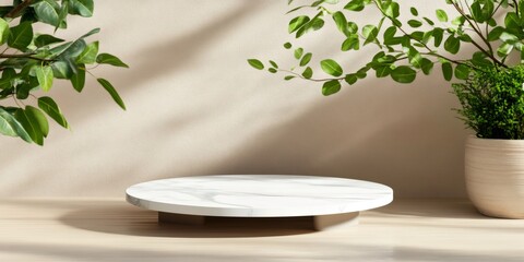 Empty marble podium on wooden table with plants displaying products
