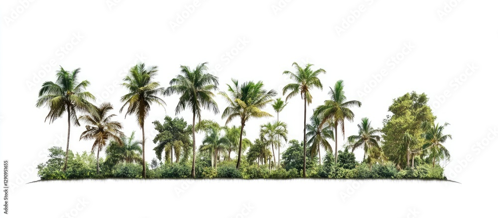 Poster tropical trees arranged in a row with varying heights and shades of green on a white background idea