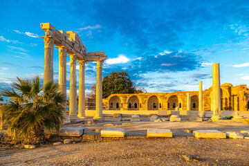 Fototapeta premium Ruins of Temple of Apollo and Athena Temple in the ancient Side at sunset. Mediterranean, Antalya province, Turkey 
