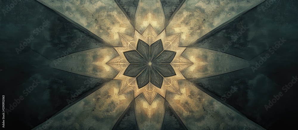 Poster abstract symmetrical pattern in dark green and gold hues, featuring intricate floral designs centere